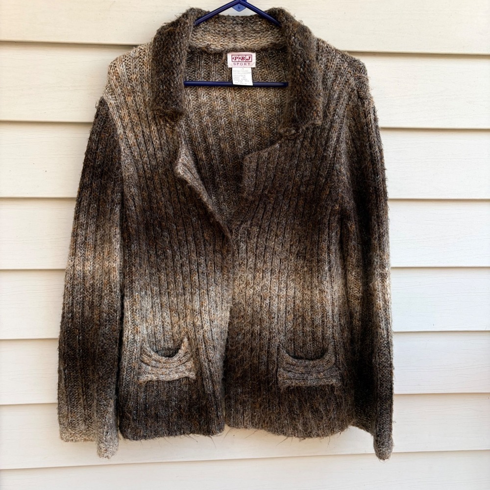 Womens Alpace Blend Sweater Medium Brown Ombre Ribbed Knit Cardigan Cozy